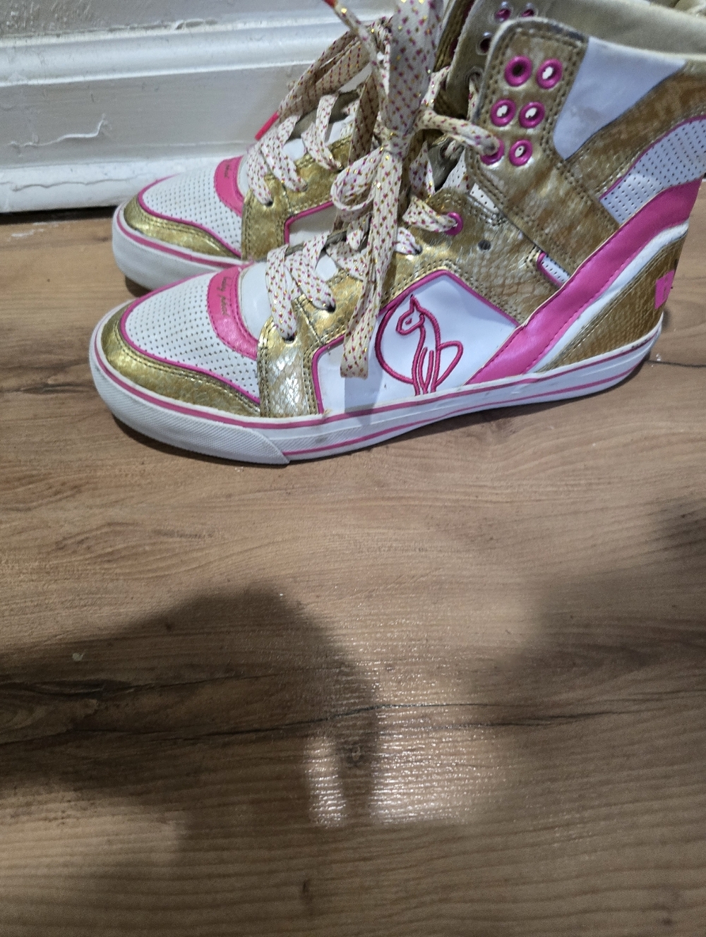 Babyphat High-Top Women's Sneakers in White, Pink & Gold -